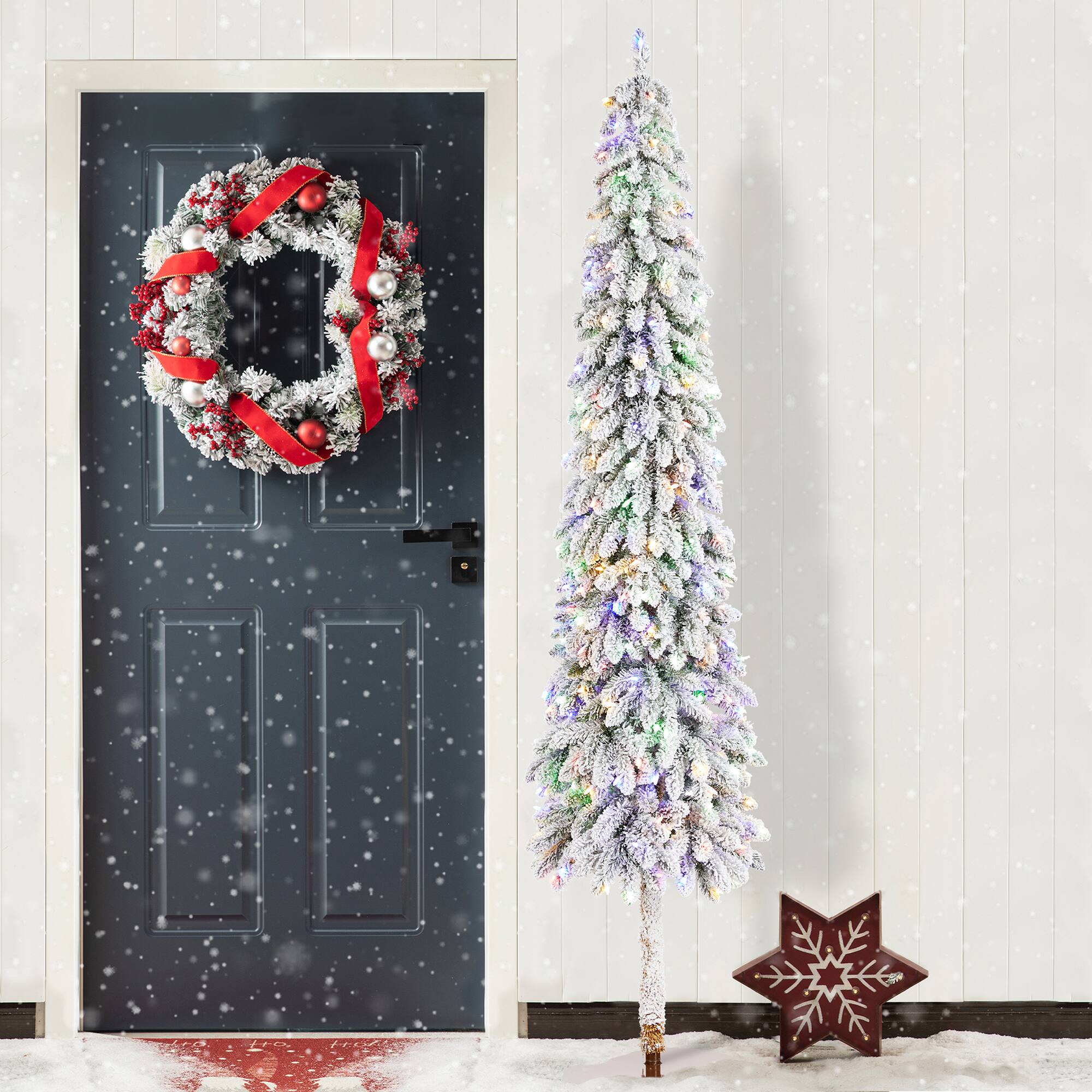 Glitzhome® 7.5ft Pre-Lit Flocked Artificial Christmas Tree, Warm White Lights